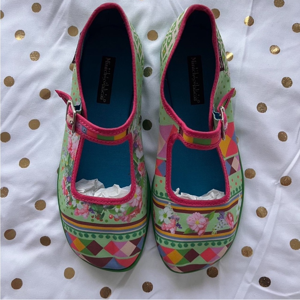 Whimsical Mary Jane Kids Shoes - Green and Pink